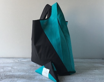 geometric lunch bag with black and light blue cotton / capaciuos grocery bag / minimalist tote bag for men and for woman / valentines day