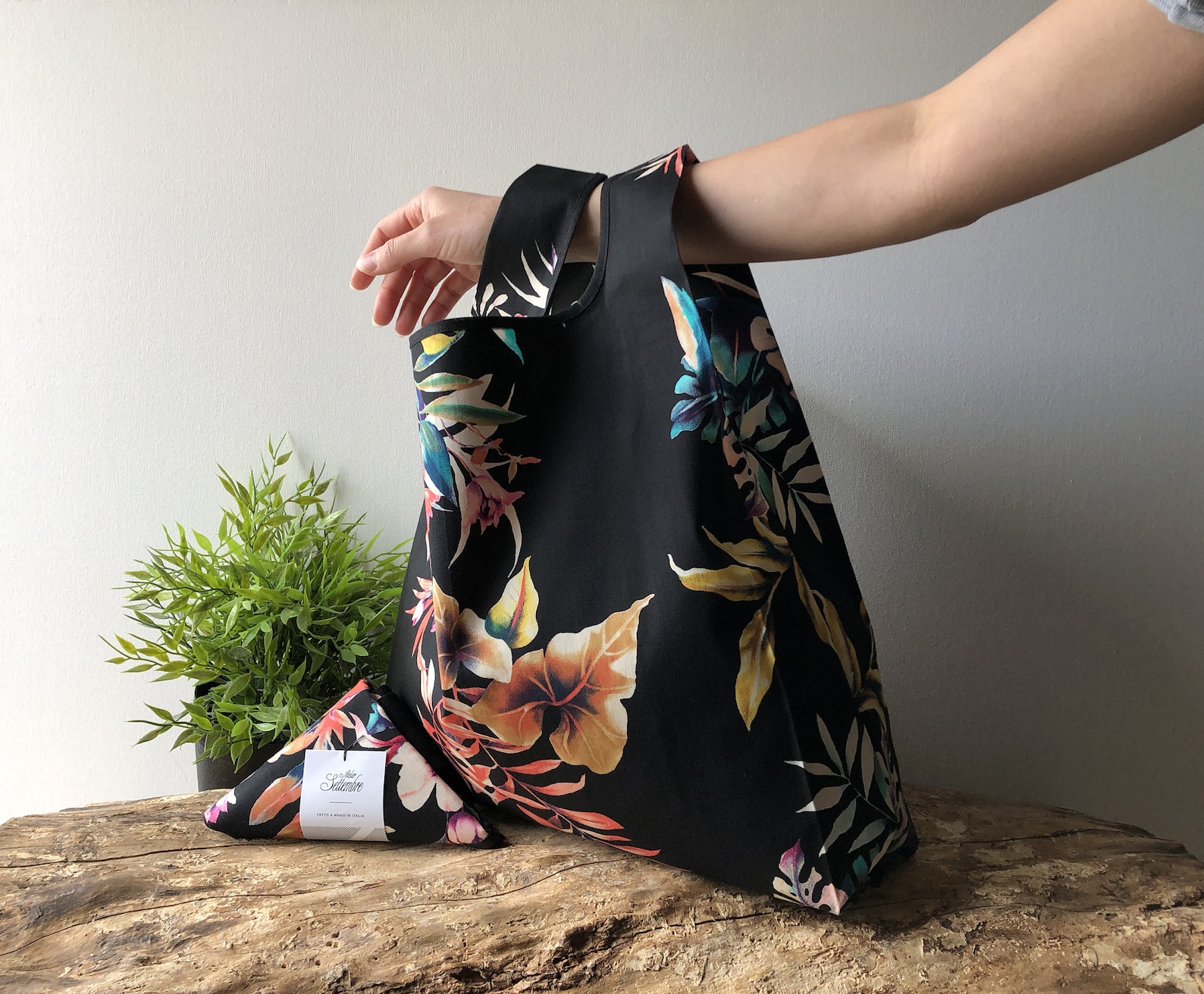 Black Lunch Bag With Flower Handmade in Cotton Foldable Etsy