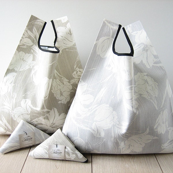 tote bag / wedding welcome bag / beige and gray shopping bag / grocery bags made withcotton / flowers theme / set of two