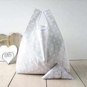 sac fourre-tout à pois fait à la main en coton beige / acheteur de coton / sac plié triangle / sac à lunch femme / cadeau saint-valentin