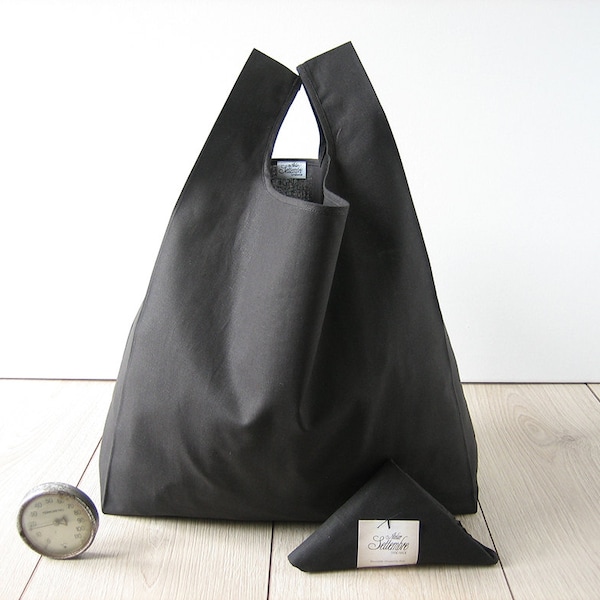 black shopping bag / minimal man tote bag / cotton shopper / elegant woman bag / triangle fold bag / total black style / valentines for him