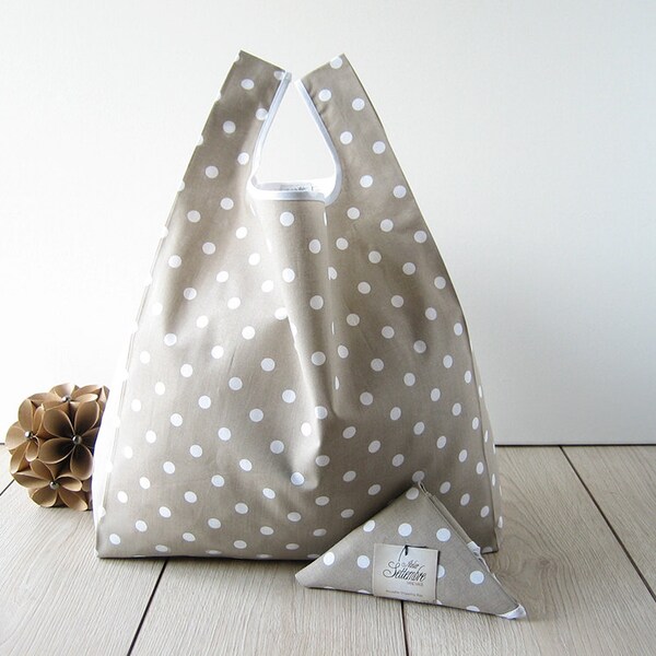 tote bag polka dots / shabby chic shopper / beige cotton tote / beige bag / triangle folded bag / edge in black ribbon / 1 piece