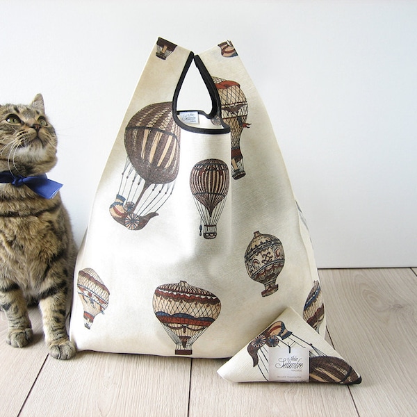 hot air balloon bag / retrò tote / beige printed cotton shopping bag/ old style bag / triangle folded bag / valentine's day gift