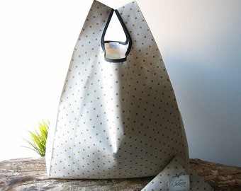 lunch bag with green polka dots / reusable grocery bag made in cotton and printed polka dots / minimal tote / beige cotton shopper