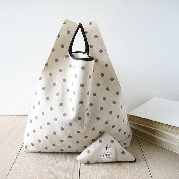 polka dots shopping bag / minimal tote / beige cotton shopper / gray polka dot bag / triangle folded bag / valentine's day for her