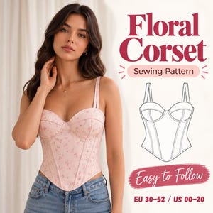 Cartamodello PDF per corsetto sopra il seno, bustier con allacciatura posteriore, per principianti, download, stile cottagecore, abbigliamento femminile