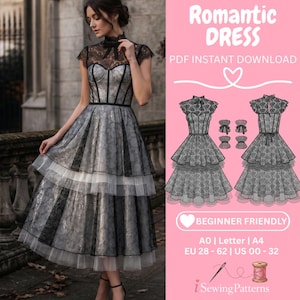 Könnte beinhalten: Ein schwarzes und graues Spitzenkleid mit einem gestuften Rock und einem hohen Ausschnitt. Das Kleid hat ein Mieder im Korsettstil und kurze Ärmel. Das Bild enthält auch ein Schnittmuster für das Kleid mit dem Text "Romantic Dress" und "PDF Instant Download".