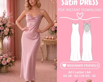 Patrón de costura para vestido lencero largo de satén, vestido sin espalda con escote drapeado en PDF