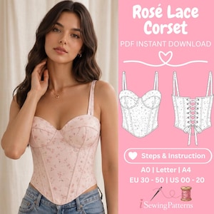 Könnte beinhalten: Eine Person trägt ein hellrosa Korsett mit Blumenmuster, Herzausschnitt und verstellbaren Trägern. Das Bild zeigt eine Diagramm des Korsetts und den Text "Rosé Lace Corset PDF Instant Download". Die Größen reichen von EU 30-50. Das Schnittmuster ist zum Nähen.