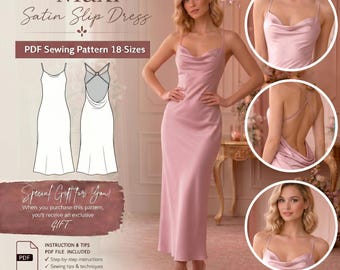 Maxi Satin Slip Dress Sewing Pattern, Backless Cowl Neck Gown PDF