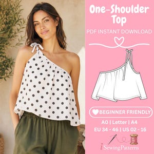 May include: A woman models a white, polka-dot one-shoulder top with a tie detail. The top is paired with green trousers. The image includes a pattern for the top, labelled "One-Shoulder Top" and marked as "Beginner Friendly".
