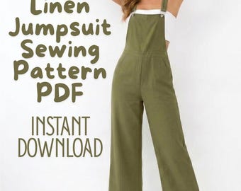 Linen Jumpsuit Sewing Pattern | Wide Leg Dungaree, Relaxed Fit (PDF Download)