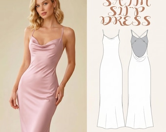 Patrón de costura para vestido lencero largo de satén, vestido sin espalda con escote drapeado en PDF