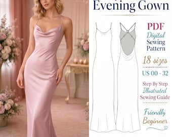 Maxi Satin Slip Dress Sewing Pattern, Backless Cowl Neck Gown PDF