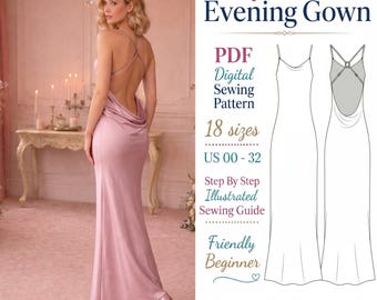 Patrón de costura para vestido lencero largo de satén, vestido sin espalda con escote drapeado en PDF