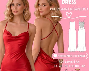 Patrón de costura para vestido lencero largo de satén, vestido sin espalda con escote drapeado en PDF