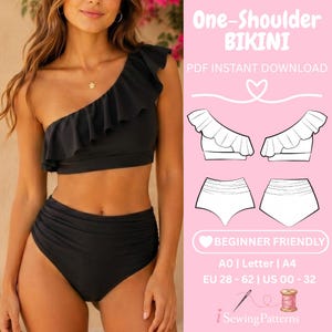 May include: Black one-shoulder bikini with a ruffled top and high-waisted bottoms. The image also features a diagram of the bikini, with the text "One-Shoulder BIKINI" and "PDF INSTANT DOWNLOAD". The text "BEGINNER FRIENDLY" is also visible.