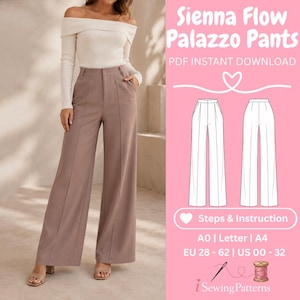 Pode incluir: Uma mulher vestindo um top creme com ombros de fora e calças palazzo malva. A imagem inclui um fundo rosa com o texto "Sienna Flow Palazzo Pants" e "PDF Instant Download". A imagem também inclui um padrão de costura.