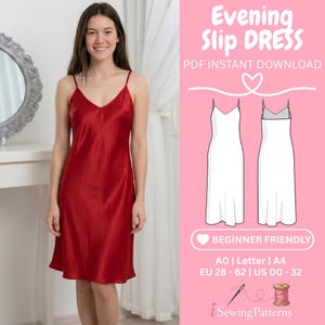 Può includere: Una donna indossa un abito sottoveste in raso rosso con spalline sottili. L'immagine include un diagramma del modello e il testo "Evening Slip Dress, PDF Instant Download, Beginner Friendly." Il modello del vestito è disponibile nelle taglie EU 28-62.