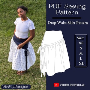 Op de afbeelding: Een vrouw draagt een witte top en een rok met lage taille met een marineblauwe tailleband en witte stippen. De afbeelding bevat een PDF-naaipatroongrafiek met maatopties en de tekst "Drop Waist Skirt Pattern."
