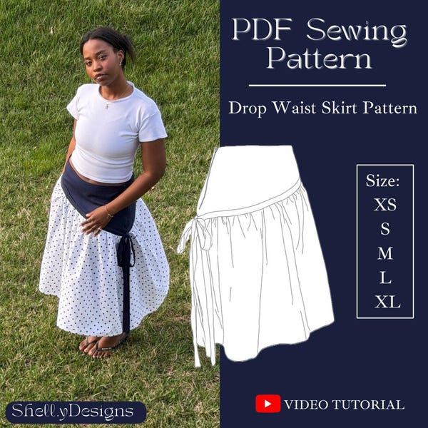 Drop Waist Gathered Skirt / Sizes XS-XL PDF Sewing Pattern | with Ties & Gathered Hem| Low Waist| Video Tutorial