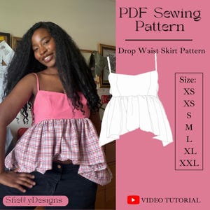 May include: A woman wearing a pink top with a plaid skirt, showcasing a drop waist skirt pattern. The image includes a PDF sewing pattern graphic with size options from XS to XXL. The text "Video Tutorial" is also visible.