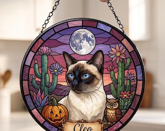 Siamese Cat Suncatcher, Stained Glass Style Cat Lover Gift, Floral Moon Window Hanging, Whimsical Fall Home Decor