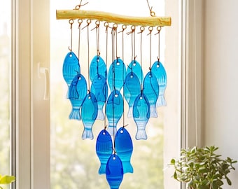 Blue Fish Wind Chime, Coastal Glass Hanging Decor, Ocean Porch, Patio and Garden Gift