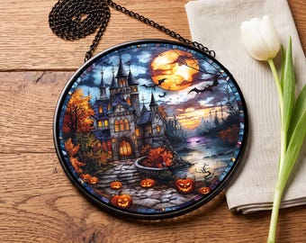 May include: A circular stained glass suncatcher featuring a detailed illustration of a gothic castle at night, a large orange full moon, flying bats, and carved jack-o'-lanterns on a stone path, framed in black metal with a hanging chain.