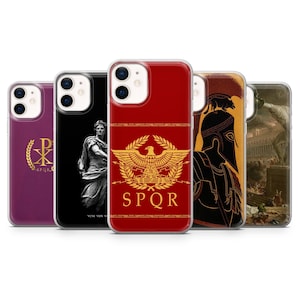 May include: A selection of phone cases with Roman Empire-themed designs. The cases showcase images of eagles, statues, and the SPQR emblem in gold and black on various coloured backgrounds, including red, black, and purple.