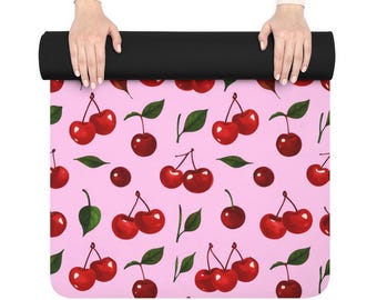 Tappetino da yoga Cherry Pop - Motivo a ciliegie rosa e rosse
