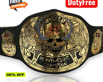 Schwerer Champion-Gürtel im Skull Style, 4 mm Metallplatten, Rindslederband