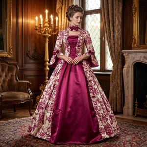 May include: A floor-length gown featuring a solid deep magenta satin skirt and a matching bodice overlay with a cream and magenta damask pattern. The garment includes long flared sleeves, a high collar with a small bow, and a lace-up front detail.