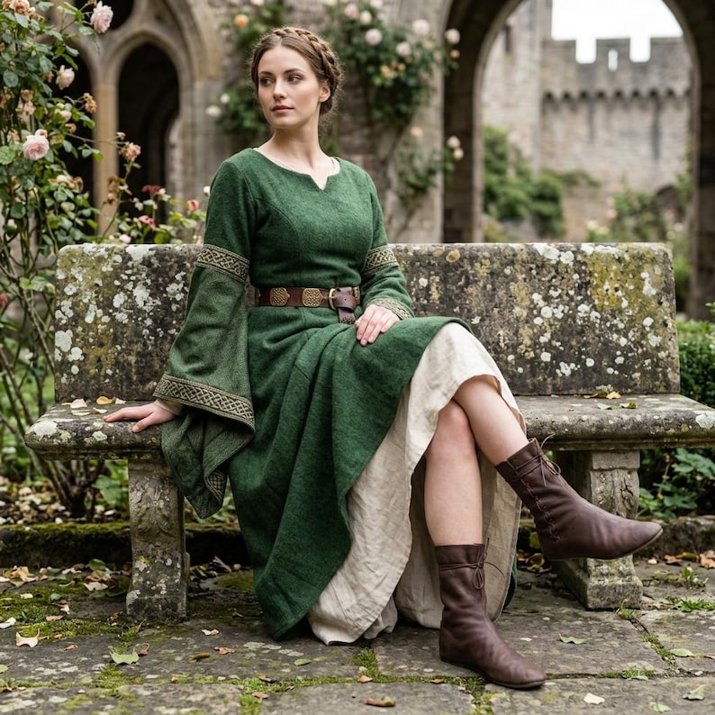 May include: A long-sleeved forest green dress with a notched neckline and wide sleeves featuring intricate gold-toned woven trim. The dress is worn over a cream-coloured underskirt and is cinched at the waist with a brown leather belt with a metal buckle.