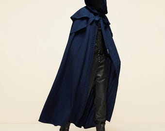 Medieval Hooded Black Cloak for Men, Gothic Monk Cape Coat, Halloween Wizard Cosplay Mantle, Vintage Windproof Trench Poncho