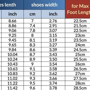 May include: A detailed shoe size conversion chart featuring columns for size, shoe length in cm and inches, shoe width in cm and inches, and maximum foot length and width in cm. The table lists sizes from 34 to 48 with corresponding measurements.
