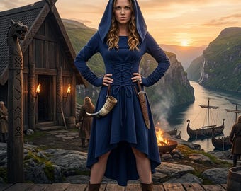 Medieval Hooded Dress for Women, Renaissance Lace Up Corset Gown, Gothic Fantasy Elven Archer Costume LARP Cosplay Ren Faire Halloween Dress