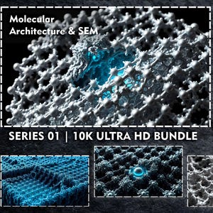Peut inclure: Représentation artistique de l'architecture moléculaire et de la microscopie électronique à balayage (MEB). L'image présente une série de visuels haute définition détaillés, avec un accent sur les structures et textures complexes, en blanc et bleu.