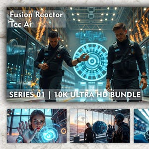 May include: A composite image featuring futuristic science fiction scenes. The main image shows two individuals in black uniforms in a high-tech facility. Text reads "Fusion Reactor Tec Air" and "Series 01 | 10K Ultra HD Bundle."