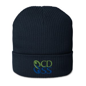 Puede incluir: Gorro de punto acanalado azul marino con texto y diseño bordados. El diseño presenta las letras "CD" y "SSS" en verde y azul, con un símbolo de nota musical. Un accesorio de invierno.