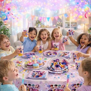 Peut inclure: Scène de fête d'anniversaire avec des enfants, des ballons et des décorations colorées. La table est dressée avec des assiettes, des gobelets et des serviettes à thème. Des cupcakes et du jus sont visibles. Les enfants sourient et lèvent leurs gobelets.