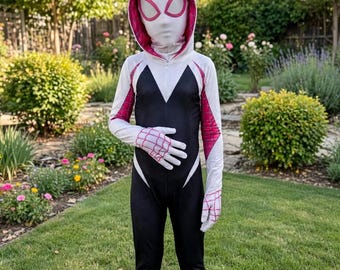May include: A full-body jumpsuit costume featuring a white hood with a pink-lined interior and white mask with pink-outlined eye lenses. The suit has a black torso, white sleeves with pink web patterns, and black pants with white side accents.