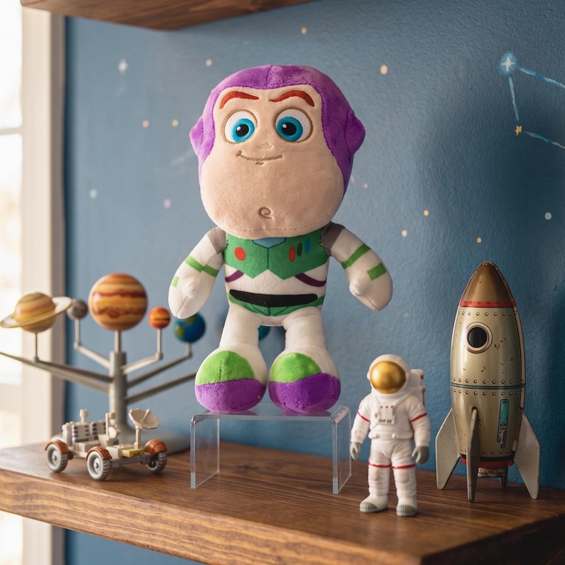 May include: A soft Buzz Lightyear toy, with a purple hood and green and white spacesuit, is displayed on a clear acrylic stand. A toy astronaut, a rocket, and a solar system model are also on the wooden shelf. The background is a blue wall with star decals.