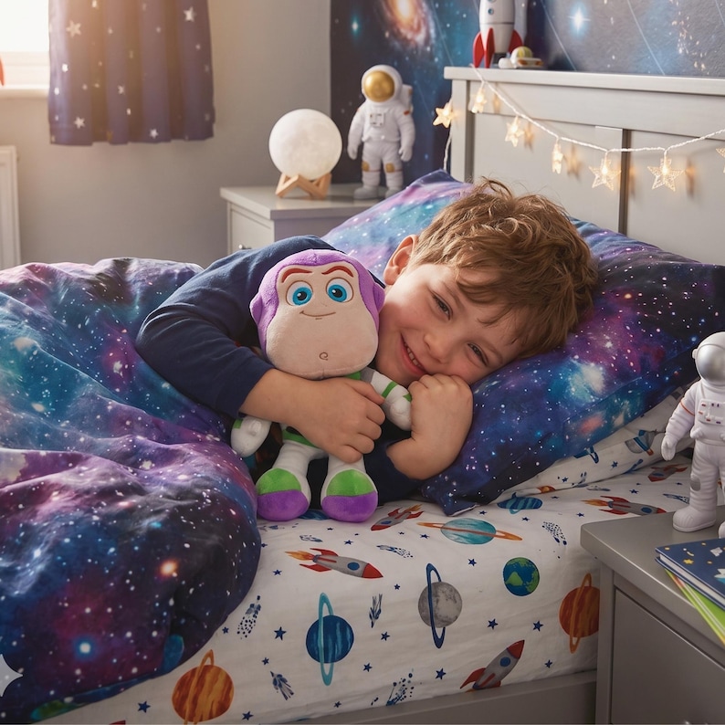 May include: A child smiles while hugging a Buzz Lightyear plush toy on a bed with a galaxy-themed duvet cover and sheets. The bedding has a space print with planets and rockets. The room is decorated with a moon lamp, astronaut figures, and star lights.