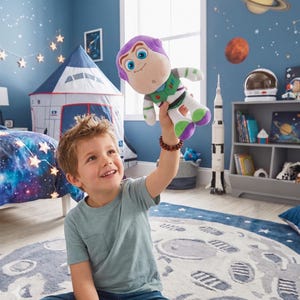 May include: A Buzz Lightyear soft toy from the Toy Story franchise. The toy is held up in the air by a person. The toy has a purple head, green and white body, and purple and green feet. The background includes a rocket ship, a moon rug, and a space-themed bedroom.