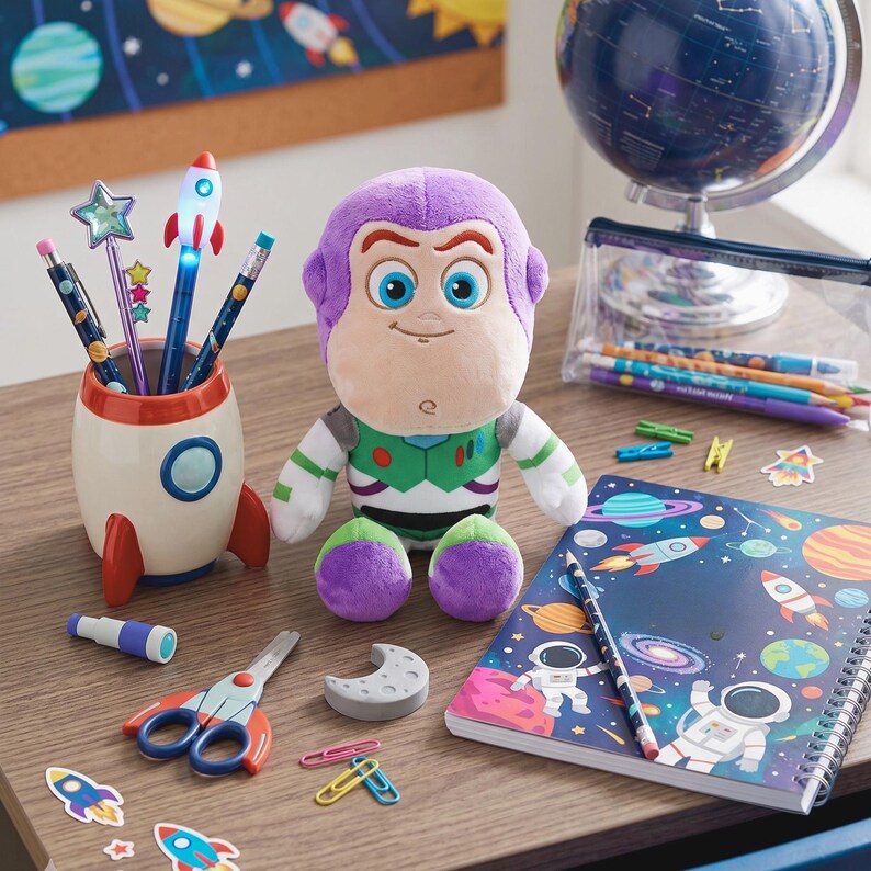 May include: A desk scene with a Buzz Lightyear plush toy, a rocket-shaped pencil pot filled with pens, and a space-themed notebook. Other items include scissors, stickers, and a globe. The colour scheme includes purple, blue, red, and white.