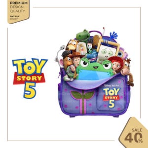 Puede incluir: Una mochila morada con el logotipo de Toy Story 5 y una colección de personajes que incluye a Woody, Buzz Lightyear, Jessie, Rex y el Sr. Cara de Papa. La bolsa tiene un bolsillo frontal con el logo de Toy Story 5 y una tableta verde de rana.