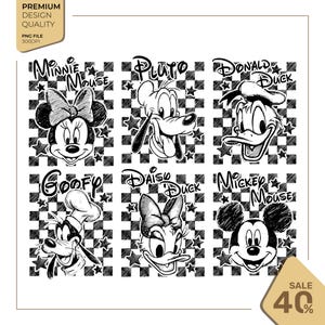 May include: A black and white digital graphic file featuring six Disney character heads: Minnie Mouse, Pluto, Donald Duck, Goofy, Daisy Duck, and Mickey Mouse. Each character is set against a checkered background with scattered stars and text labels.