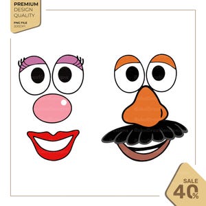 May include: Two sets of cartoon facial features. The left set includes pink eyelids, large white eyes with black pupils, a round pink nose, and red lips. The right set features orange eyelids, white eyes with black pupils, an orange nose, and a black mustache.