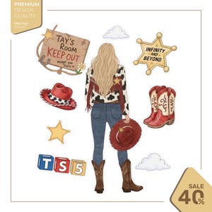 Op de afbeelding: Een digitale illustratie van een blond persoon in een shirt met koeienprint, blauwe jeans en bruine laarzen, omringd door western-iconen waaronder een bord met de tekst Tay's Room Keep Out except you Travis, een rode hoed en een ster.